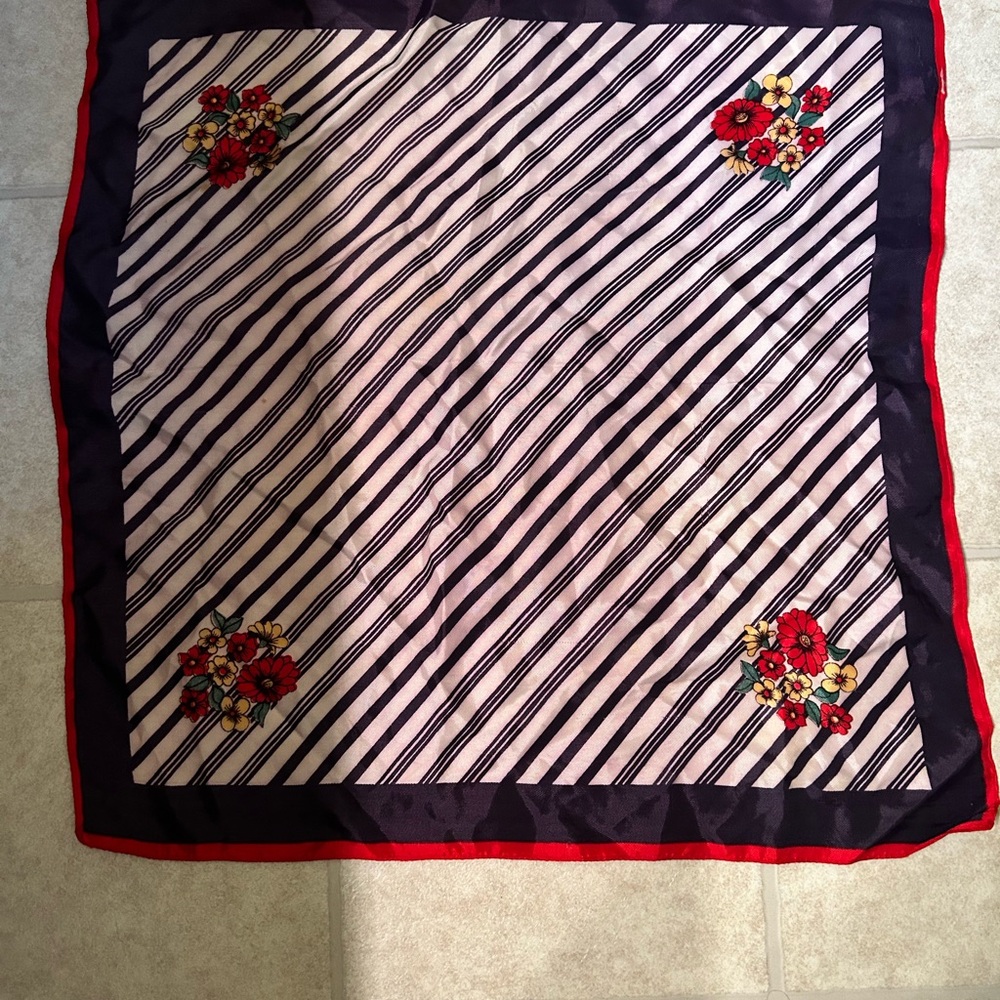 VTG Polyester Striped Floral square  Scarf. Unbranded